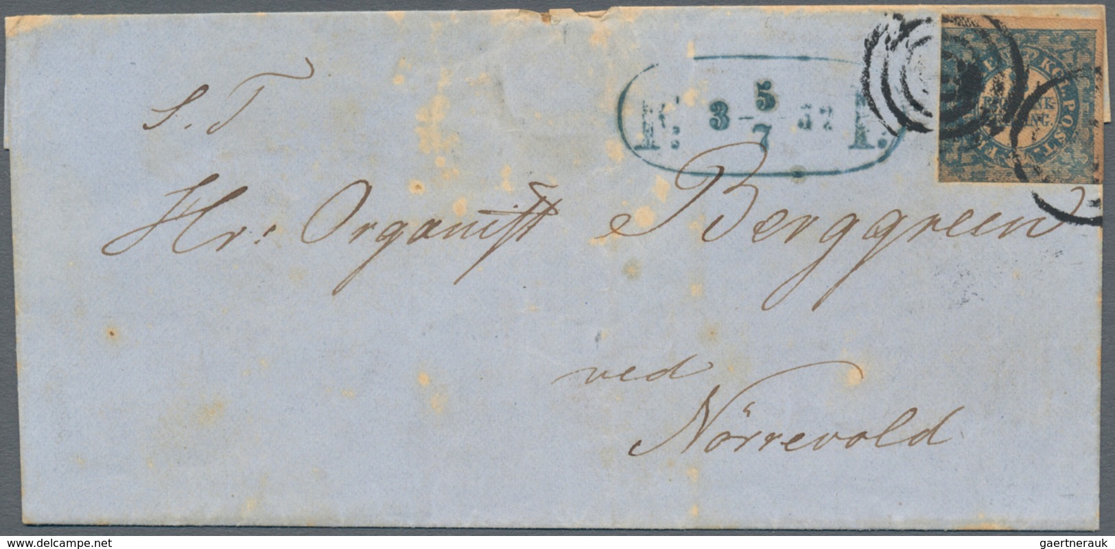 Dänemark: 1851 2 R.B.S. Blue, Ferslew Printing, Plate II, No. 41, Type 9, Used On Footpost Cover To - Oblitérés