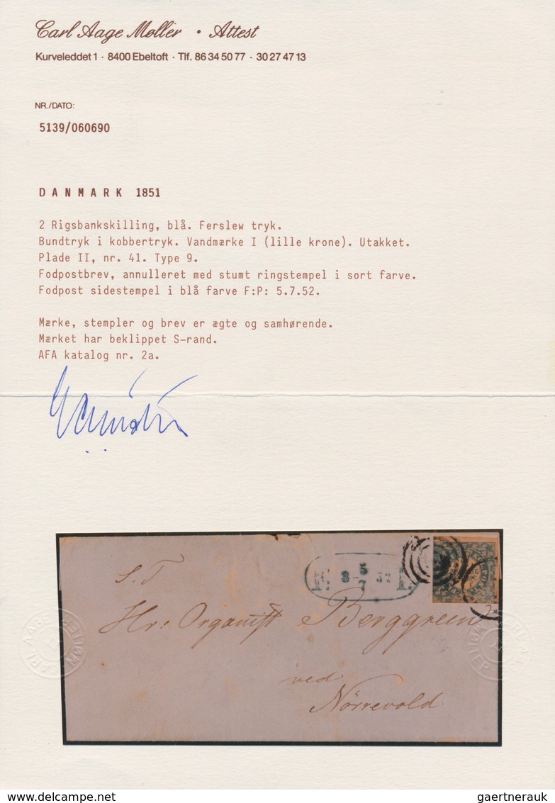 Dänemark: 1851 2 R.B.S. Blue, Ferslew Printing, Plate II, No. 41, Type 9, Used On Footpost Cover To - Oblitérés