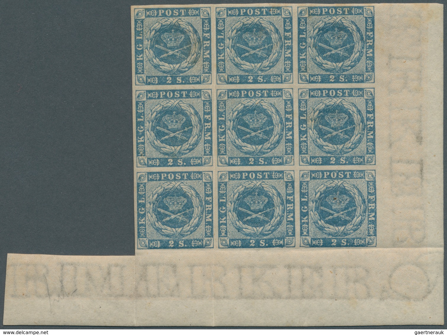 Dänemark: 1855 2s. Blue, Imperforated, Dotted Spandrels, Bottom Right CORNER BLOCK OF NINE, MINT NEV - Oblitérés