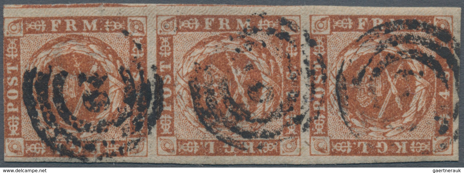 Dänemark: 1854 4s. Redish Brown, 2nd Printing, Plate II, Vertical Strip Of Three (Pos. 5/15/25), Use - Gebraucht