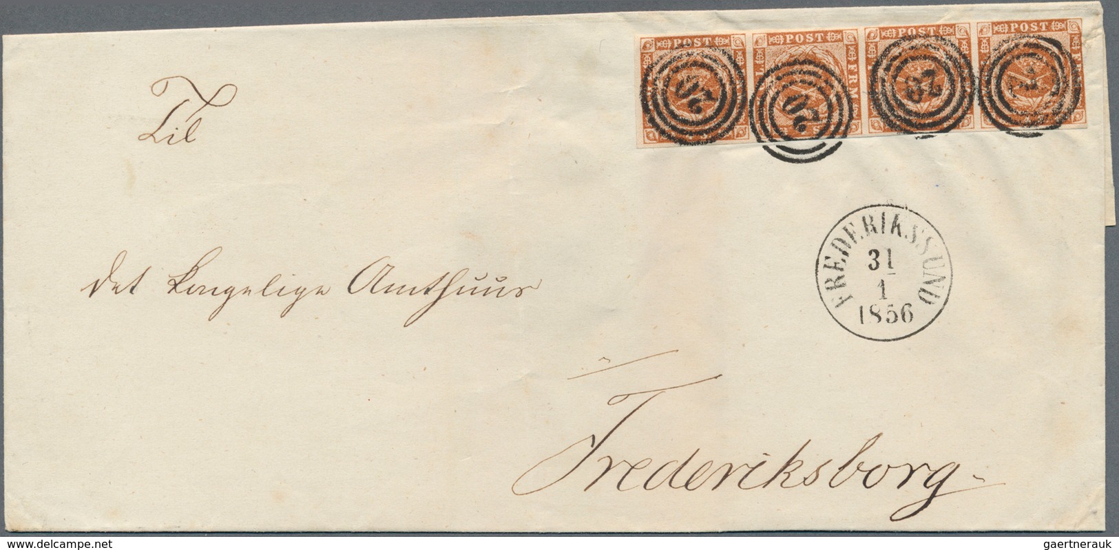 Dänemark: 1854, 4 Sk Orange Brown, Horizontal Strip Of 4, Each Stamp Tied By Numeral Cancellation "2 - Oblitérés