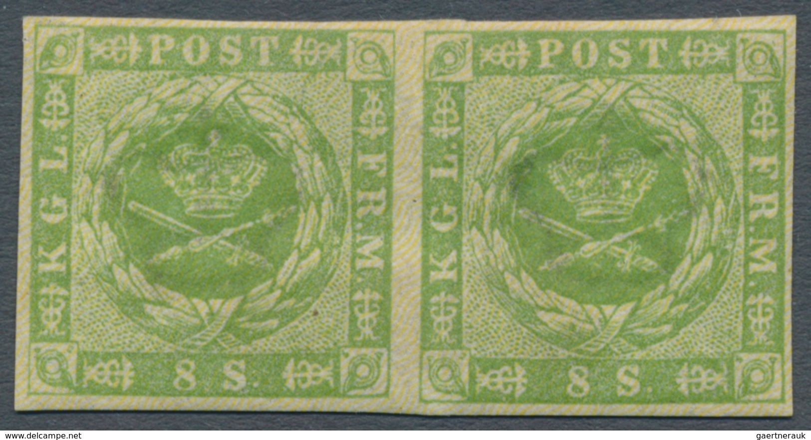 Dänemark: 1857 Square Issue 8s. Green, Horizontal Pair, Mint Never Hinged With Complete Original Gum - Oblitérés