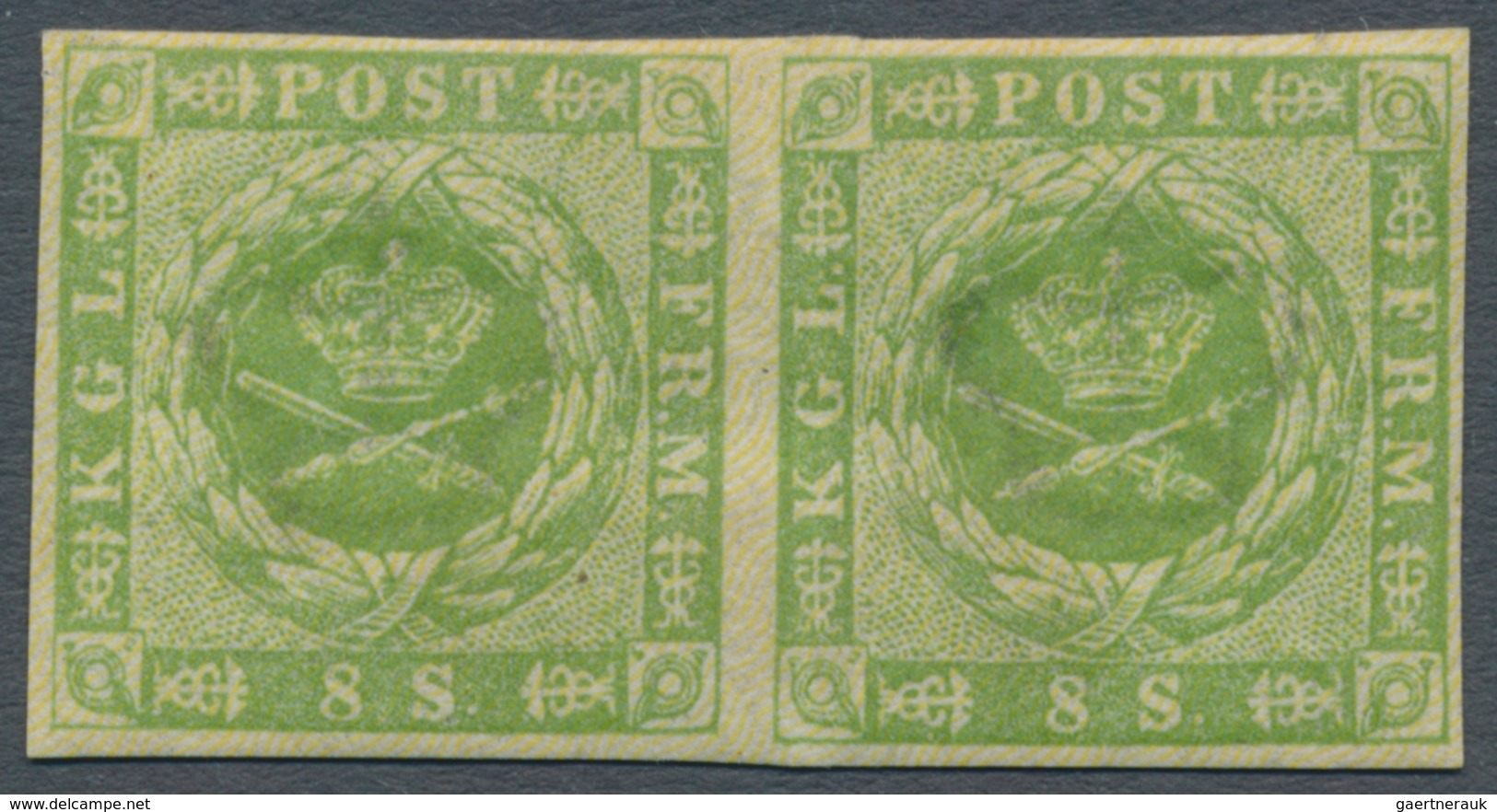 Dänemark: 1857 Square Issue 8s. Green, Horizontal Pair, Mint Never Hinged With Complete Original Gum - Gebraucht