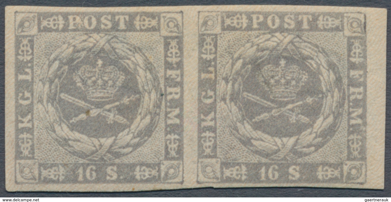 Dänemark: 1857 Square Issue 16s. Grey, Right Hand Marginal Horizontal Pair, Mint Never Hinged With O - Oblitérés