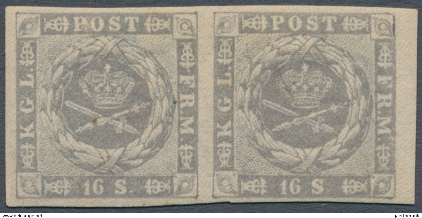 Dänemark: 1857 Square Issue 16s. Grey, Right Hand Marginal Horizontal Pair, Mint Never Hinged With O - Gebraucht