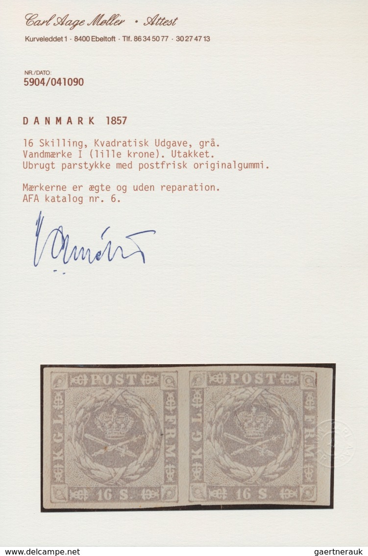 Dänemark: 1857 Square Issue 16s. Grey, Right Hand Marginal Horizontal Pair, Mint Never Hinged With O - Oblitérés