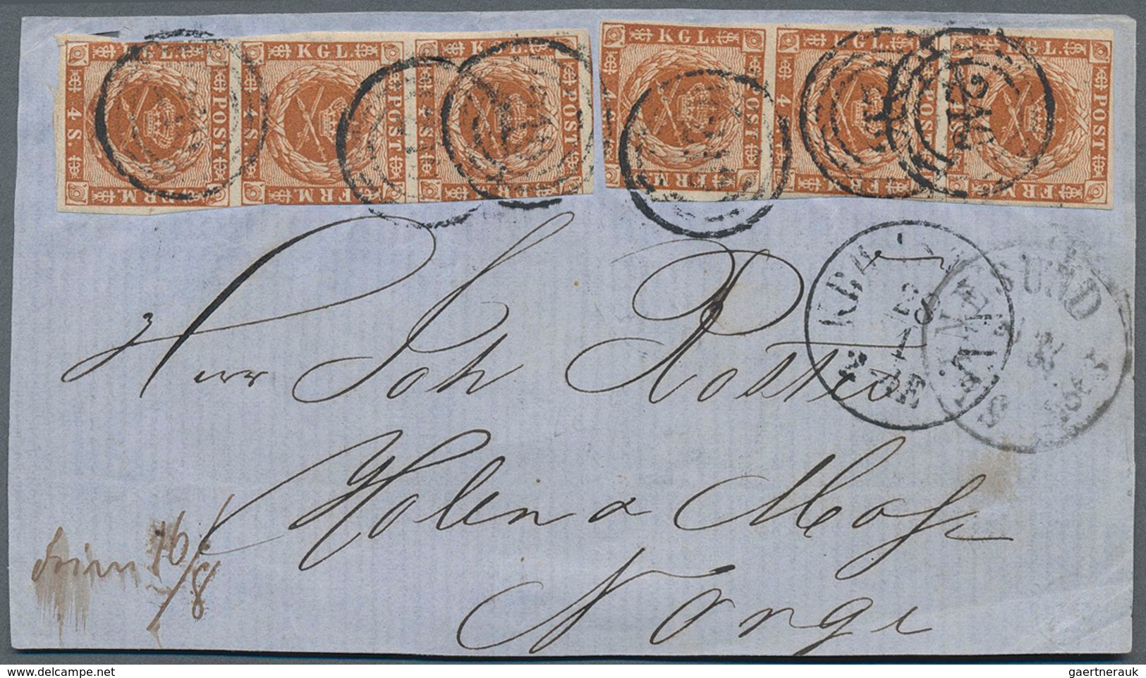 Dänemark: 1858 4s. Orange-brown TWO VERTICAL STRIPES OF THREE, Used On Part Cover (front Only) From - Gebraucht