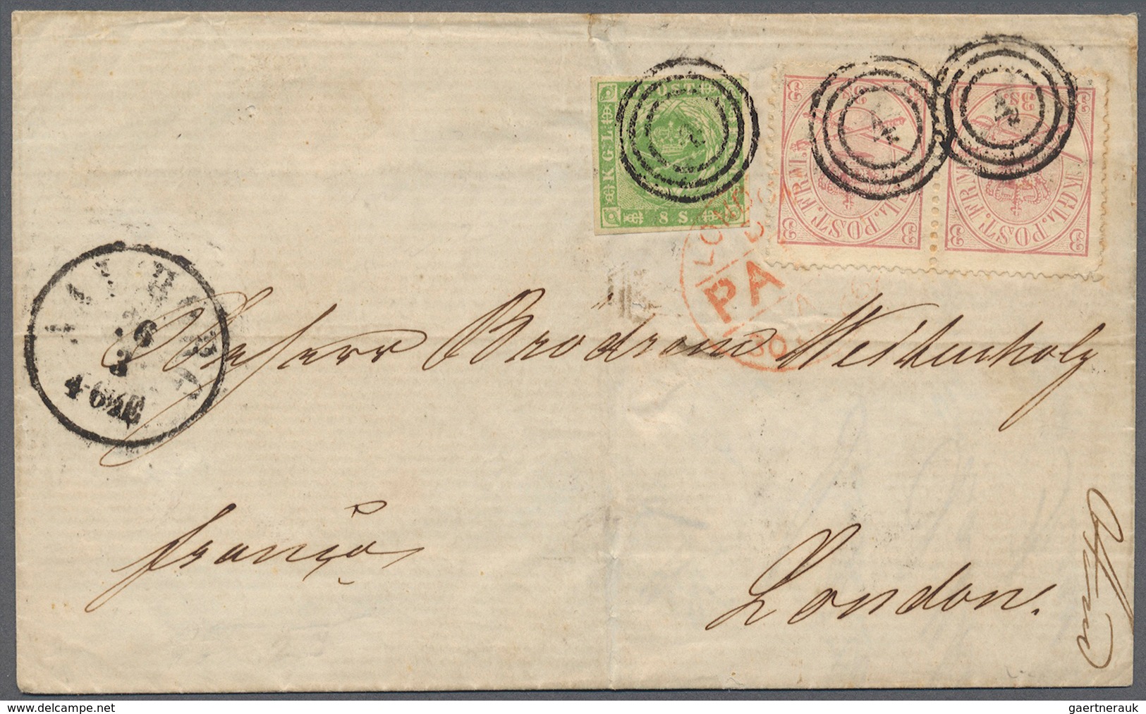 Dänemark: 1866. Envelope Addressed To London Bearing Yvert 5, 8s Green (imperf) And Yvert 12, Pair O - Used Stamps