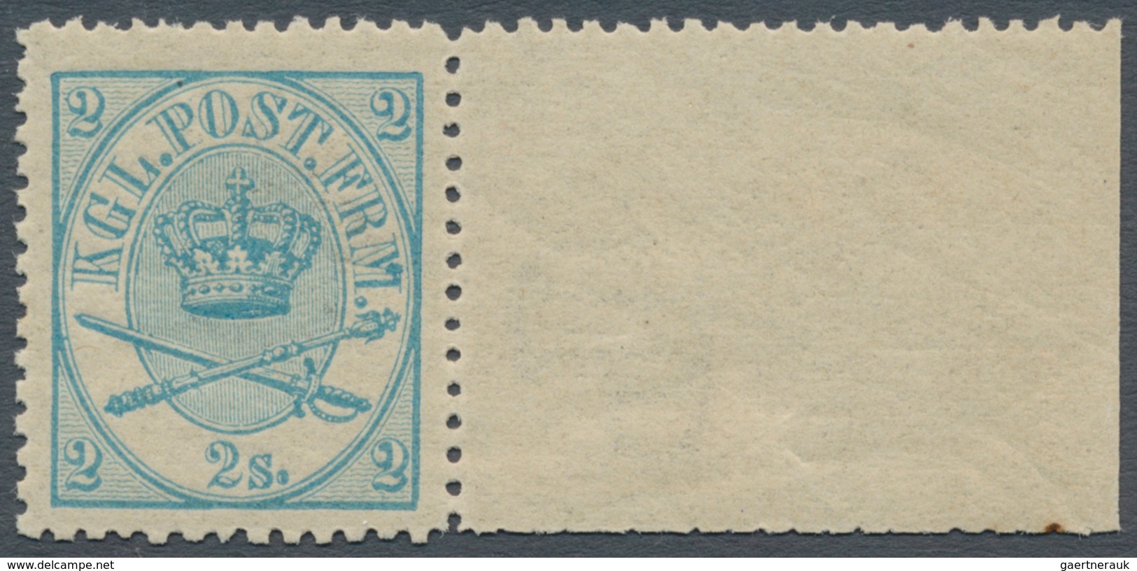 Dänemark: 1870 2s. Greenish Blue From The 7th Printing, Perf 12½, Sheet Pos. 40, Right Hand Marginal - Gebraucht