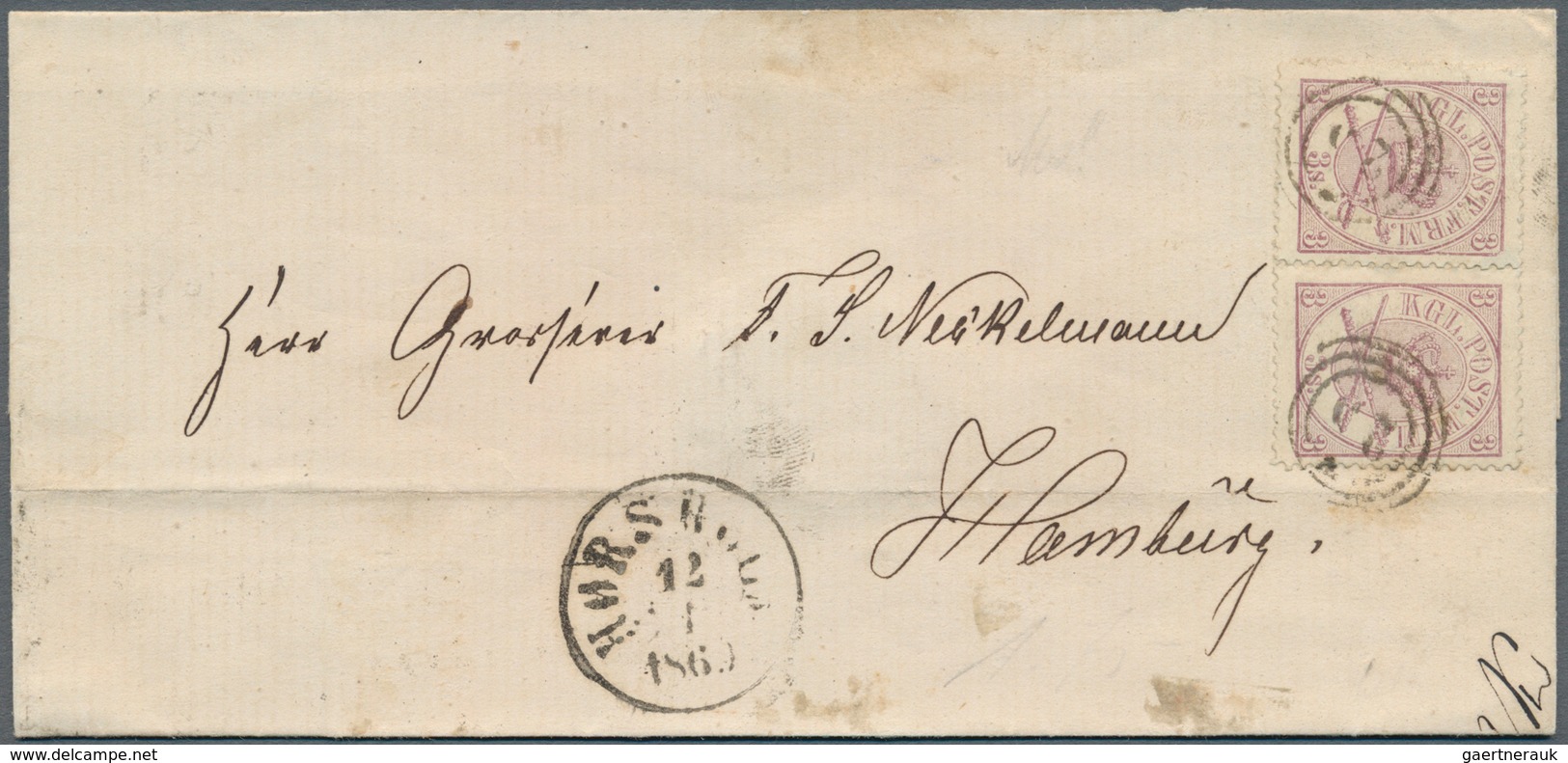 Dänemark: 12.1.1860, 2x 3 Sk Wappen Violett Als Waagerechtes Paar Auf Brief Aus Hørsholm M. Nr-o 25 - Oblitérés