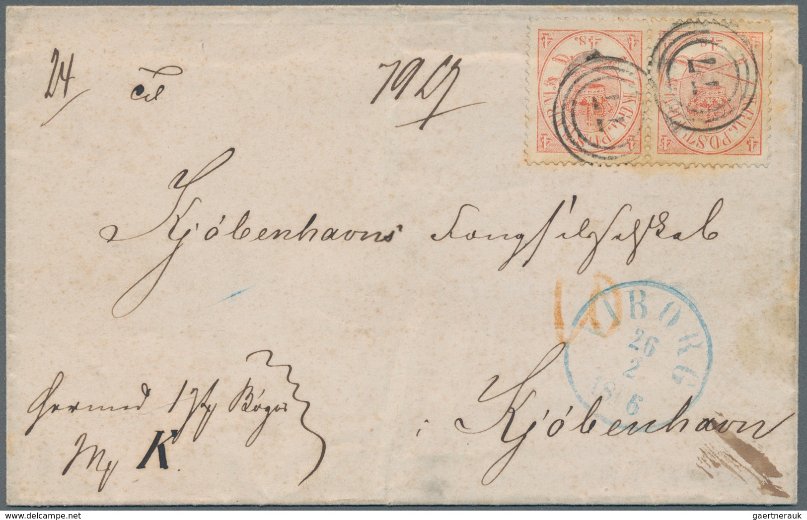 Dänemark: 1865, 4 S Red Pair Cancelled With "77" And Beside Circle Postmark Blue VIBORG On Folded Le - Gebraucht