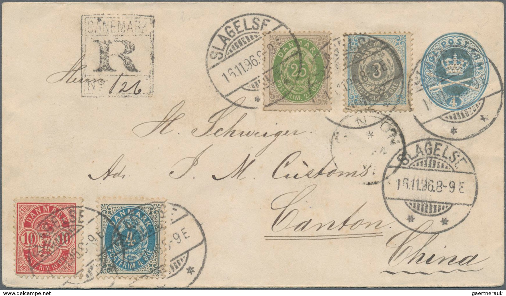 Dänemark: 1896 Destination CHINA: Postal Stationery Envelope 4øre Used Registered From Slagelse To C - Oblitérés