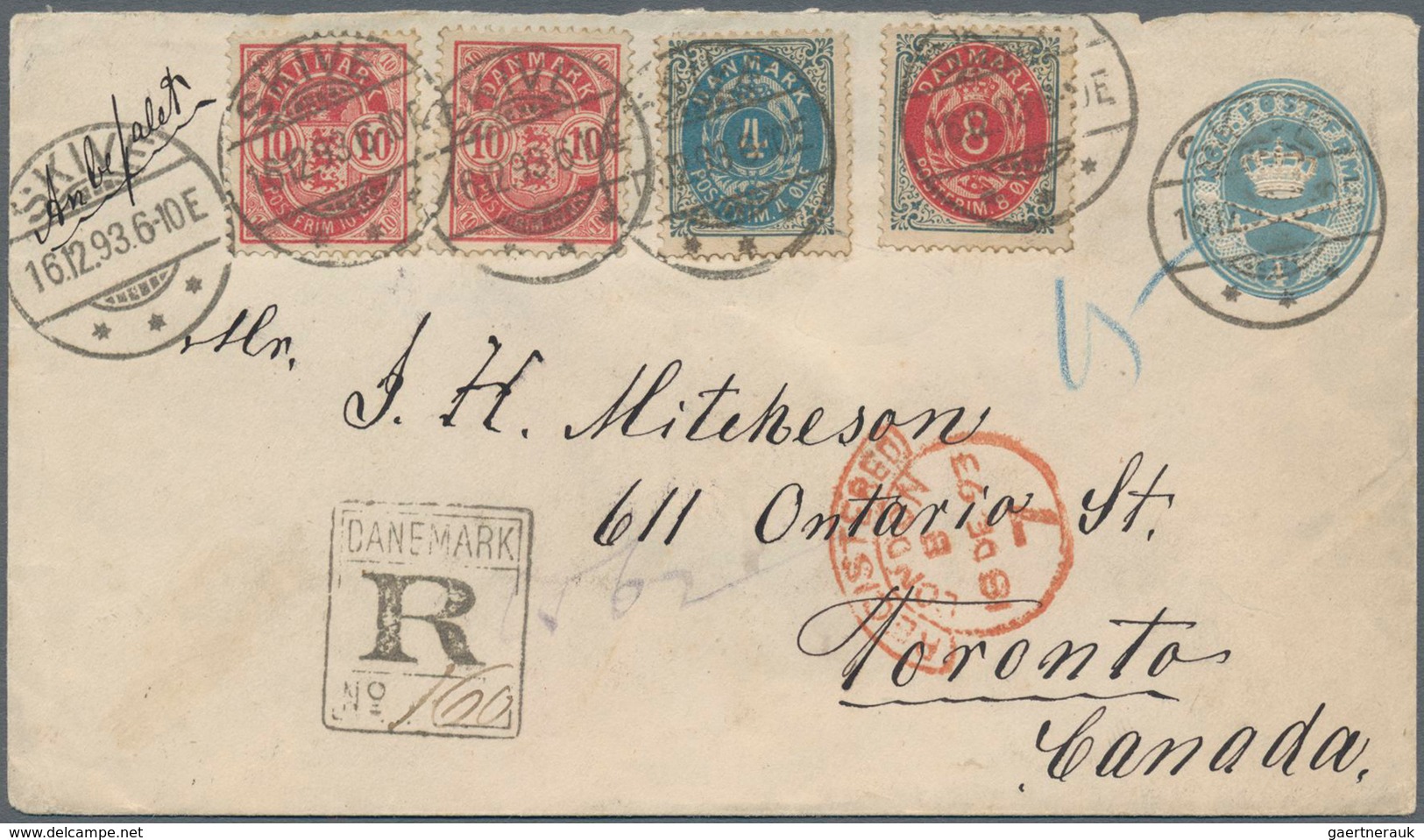 Dänemark: 1893 Destination CANADA: Postal Stationery Envelope 4øre Used Registered From Skive To Tor - Used Stamps