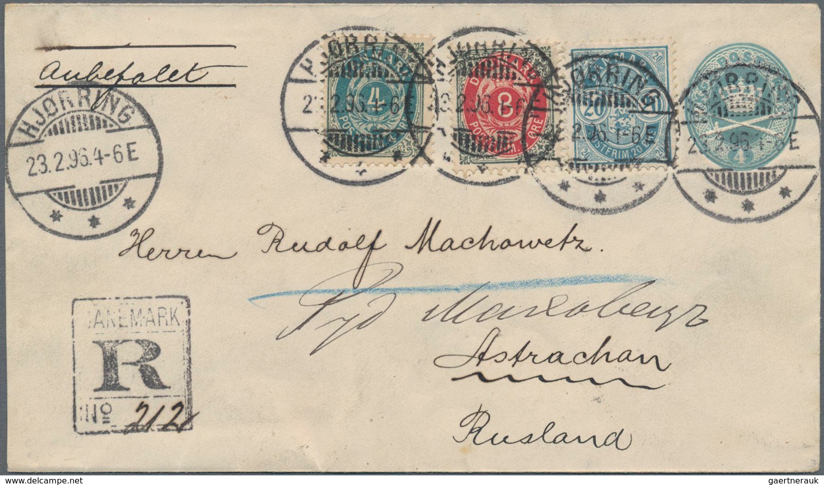 Dänemark: 1896 Destination RUSSIA: Postal Stationery Envelope 4øre Used Registered From Hjørring To - Gebraucht