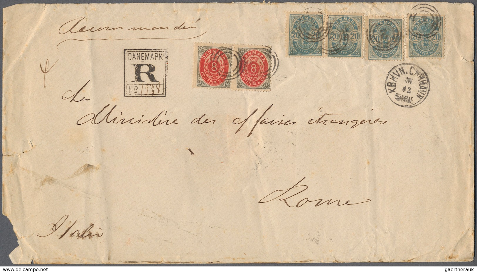 Dänemark: 1884, Einschreiben Der 4. (!) Gewichtsstufe Von Kopenhagen Nach Rom. Umschlag 24x13,5 Cm, - Used Stamps