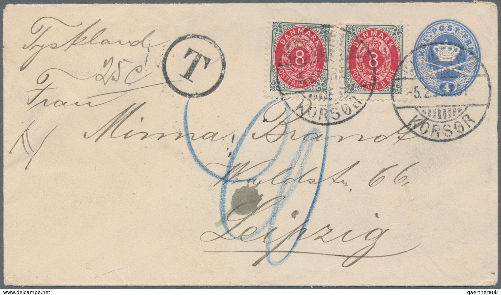 Dänemark: 1899, Stationery Envelope With 8 Öre Coat Of Arms (2) And "KJOBENHAVN-KORSÖR 5.2.99" Shipm - Oblitérés