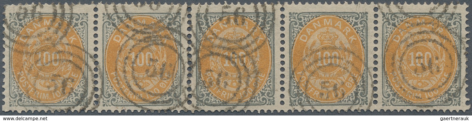 Dänemark: 1877, 100 Öre Yellow And Grey, First Printing, Horizontal Strip Of Five, Neatly Cancelled - Oblitérés
