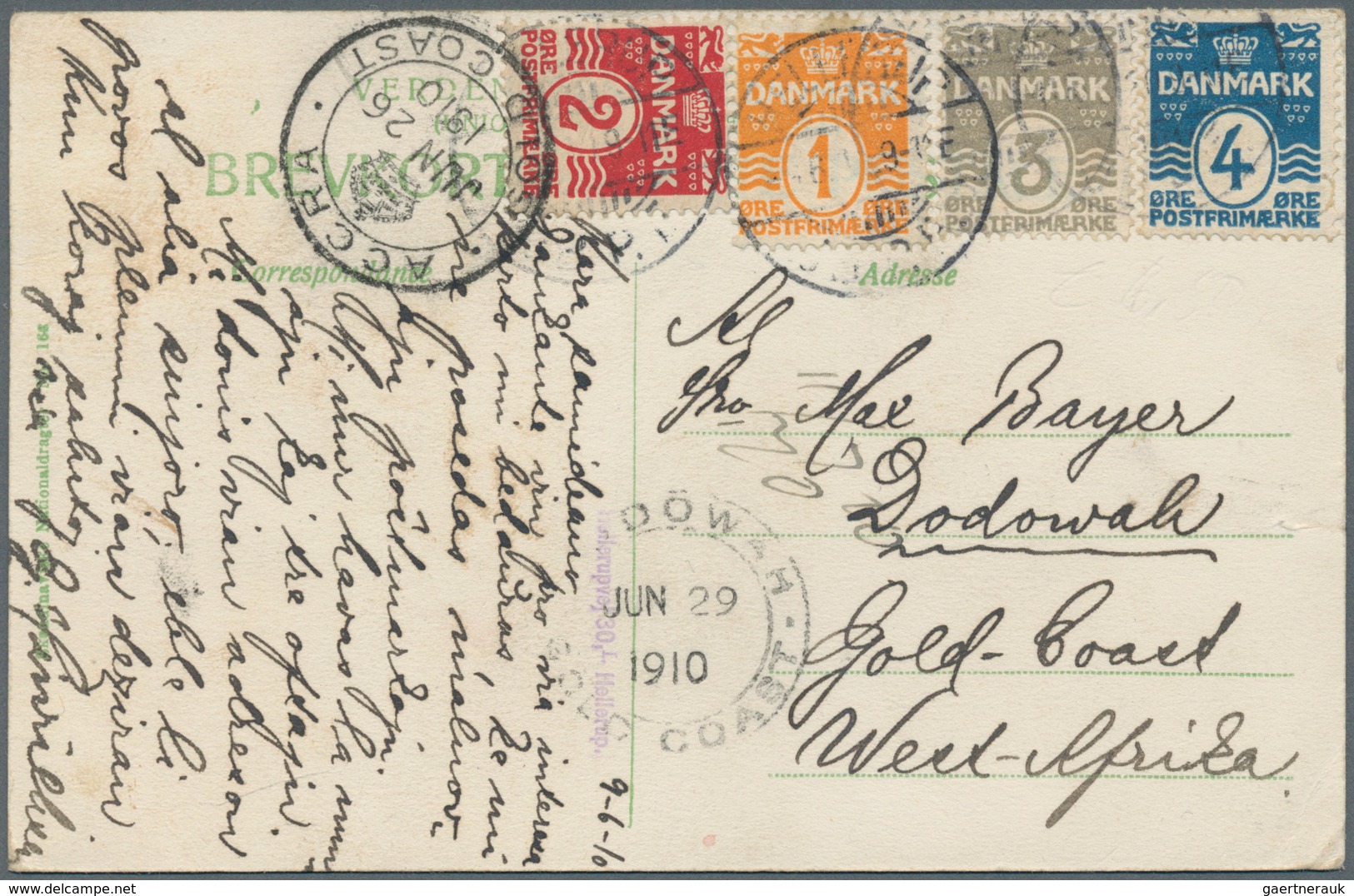 Dänemark: 1910, 4-colour-franking With 1 To 5 Öre Numeral On Ppc From "HELLERUP 9.6.10" Via Accra To - Used Stamps