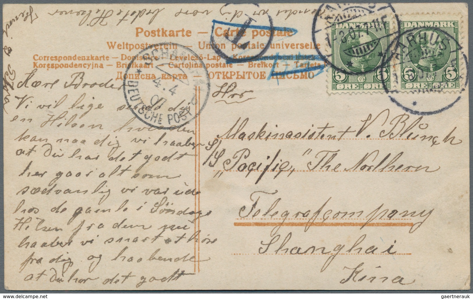 Dänemark: 1907 Destination SHANGHAI, CHINA: Picture Postcard From Aarhus Addressed To S/s "Pacific", - Used Stamps