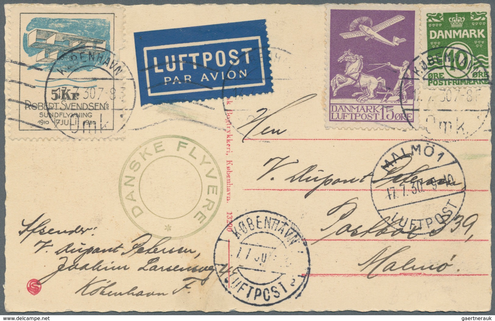 Dänemark: 1930, 14 Öre Violet Mixed Franking On Souvenir Airmail Postcard From Kjobenhavn To Malmö, - Used Stamps