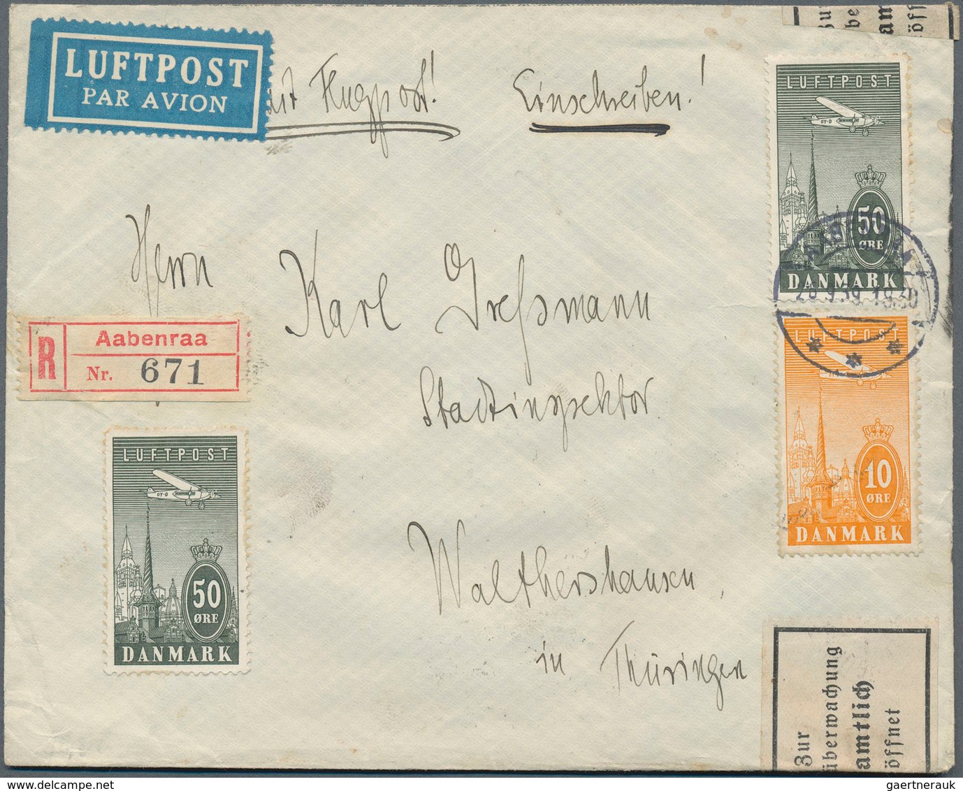 Dänemark: 1939, Two Registered Airmail Covers With Better Total 9 Airstamps Of The 1034 Issue To Ger - Used Stamps