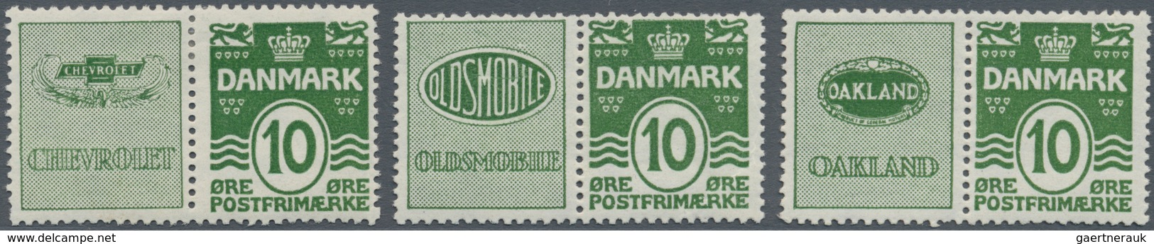Dänemark - Zusammendrucke: 1928, 10öre Green With Three Different Advertising Labels CHEVROLET, OLDS - Sonstige & Ohne Zuordnung