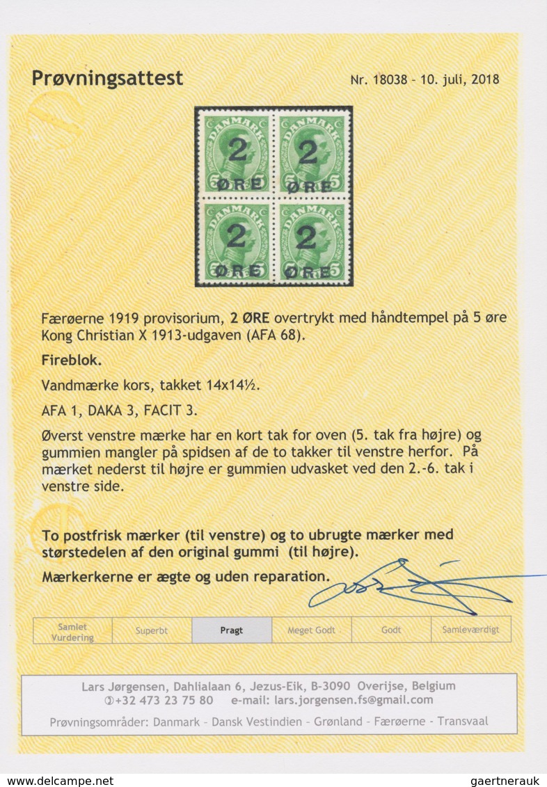 Dänemark - Färöer: 1919 Provisional "2 ØRE" On 5 øre Green BLOCK OF FOUR, Mint Never Hinged With Lar - Faroe Islands