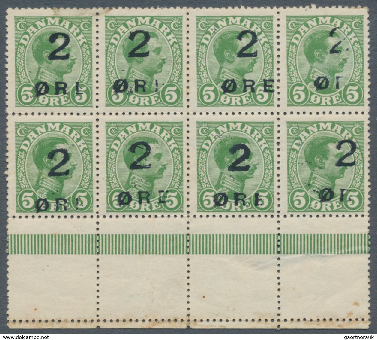 Dänemark - Färöer: 1919, 2 ö. On 5 ö. Green, Horizontal Block Of 8 With Sheet Margins At Bottom Empt - Färöer Inseln