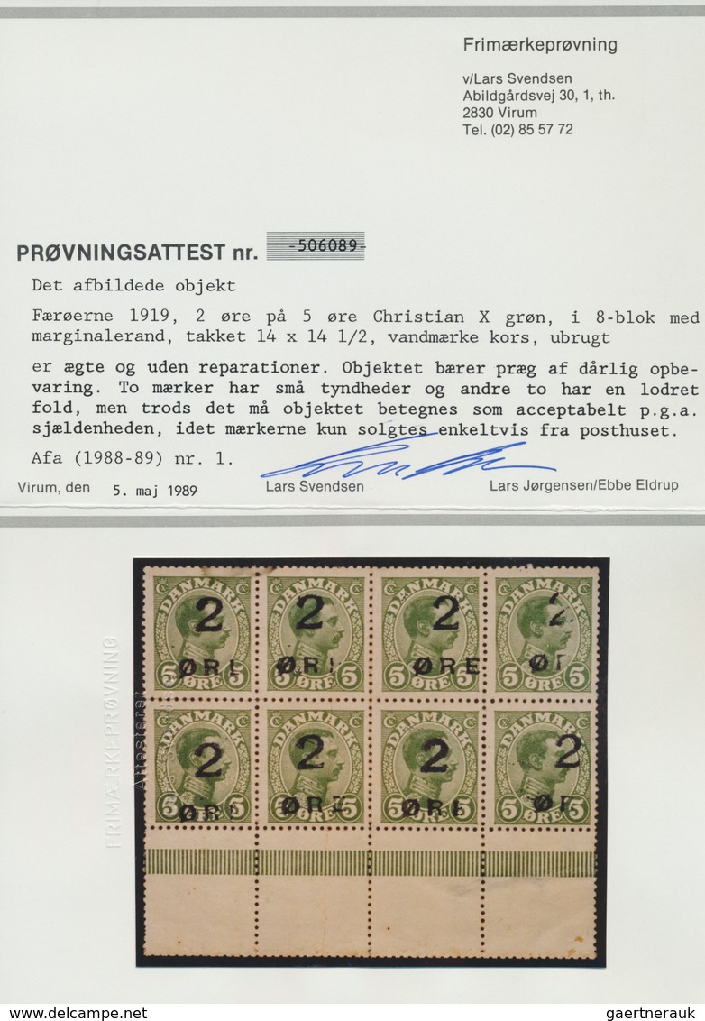 Dänemark - Färöer: 1919, 2 ö. On 5 ö. Green, Horizontal Block Of 8 With Sheet Margins At Bottom Empt - Färöer Inseln