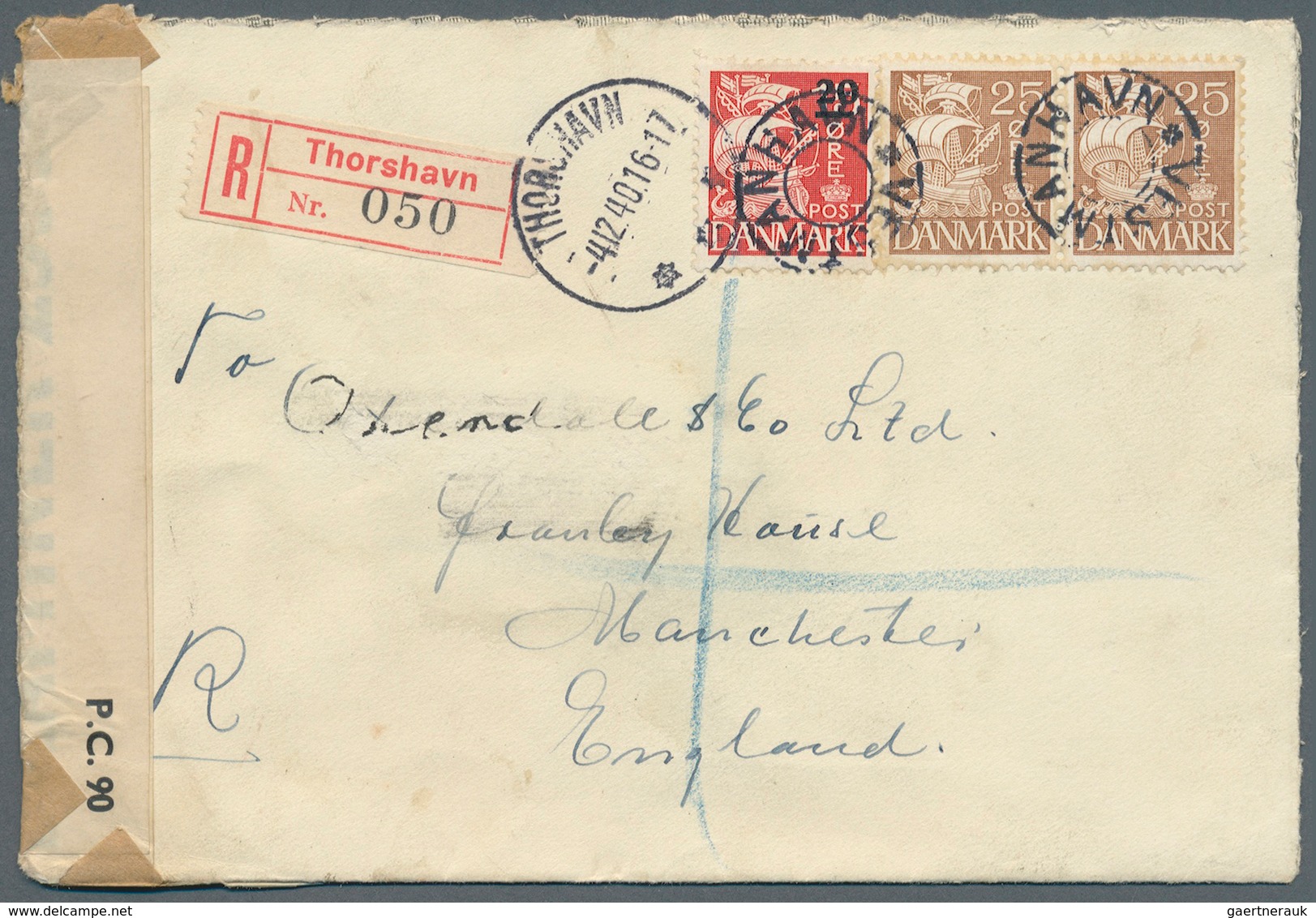 Dänemark - Färöer: 1940. Registered Envelope To Manchester Bearing Denmark Yvert 217, 25ø Brown (pai - Faroe Islands