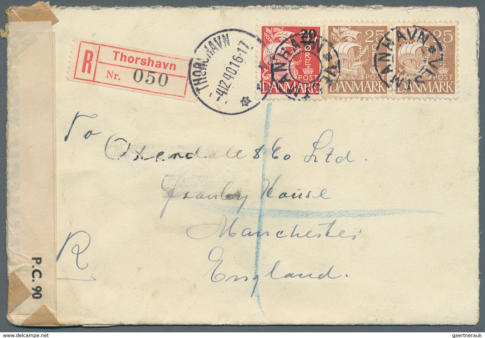 Dänemark - Färöer: 1940. Registered Envelope To Manchester Bearing Denmark Yvert 217, 25ø Brown (pai - Féroé (Iles)