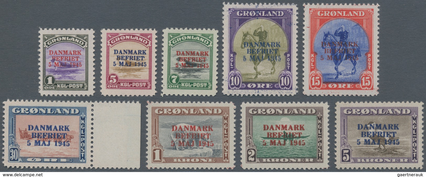 Dänemark - Grönland: 1945, Overprints "DANMARK BEFRIET", Complete Set Of Nine Values, Unmounted Mint - Briefe U. Dokumente