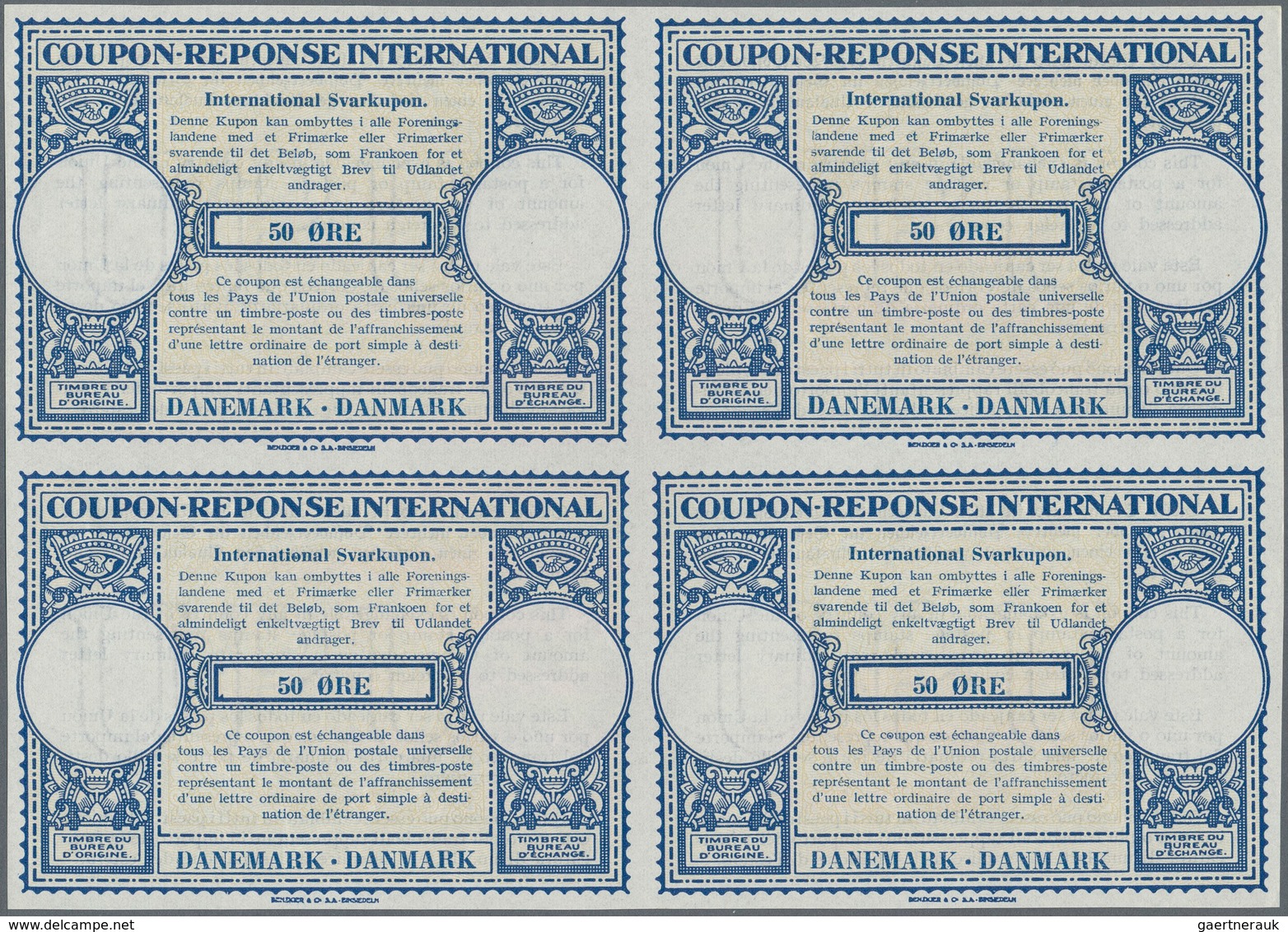 Dänemark - Ganzsachen: 1940. International Reply Coupon 50 Ore (London Type) In An Unused Block Of 4 - Postal Stationery