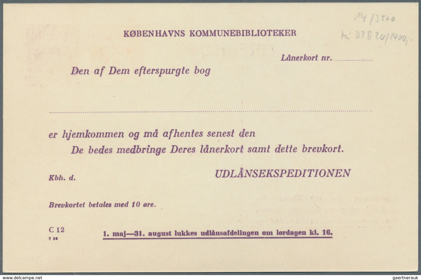 Dänemark - Ganzsachen: 1953 Unused Postal Stationery Card With Additional Printing Of 2 Öre Next To - Entiers Postaux