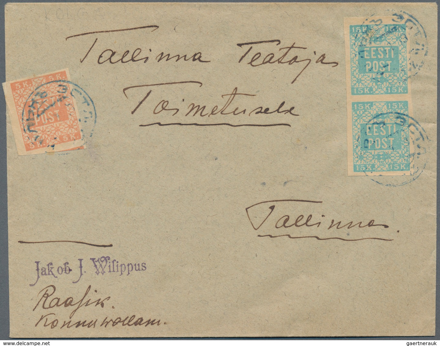 Estland: 1919 War Of Liberation, Letter From The Manor Kolgar (former Russian Cancel In Use) To Tall - Estland