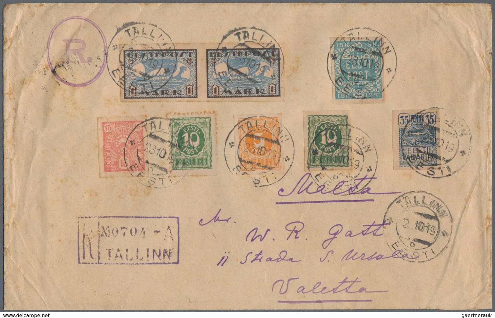 Estland: 1919, Registered Letter From TALLINN 12.10.19 To Valetta, Malta. Rare Destination. - Estonie