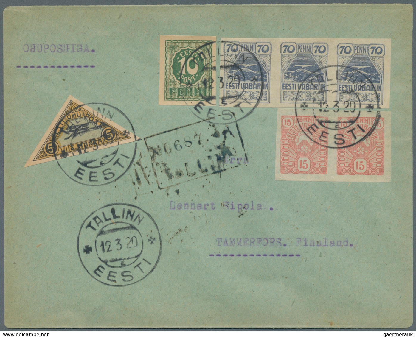 Estland: 1920, Registered Airmail Letter To Finland Franked 10p Green, Imperf (SG 7), 15p Rose-red ( - Estland