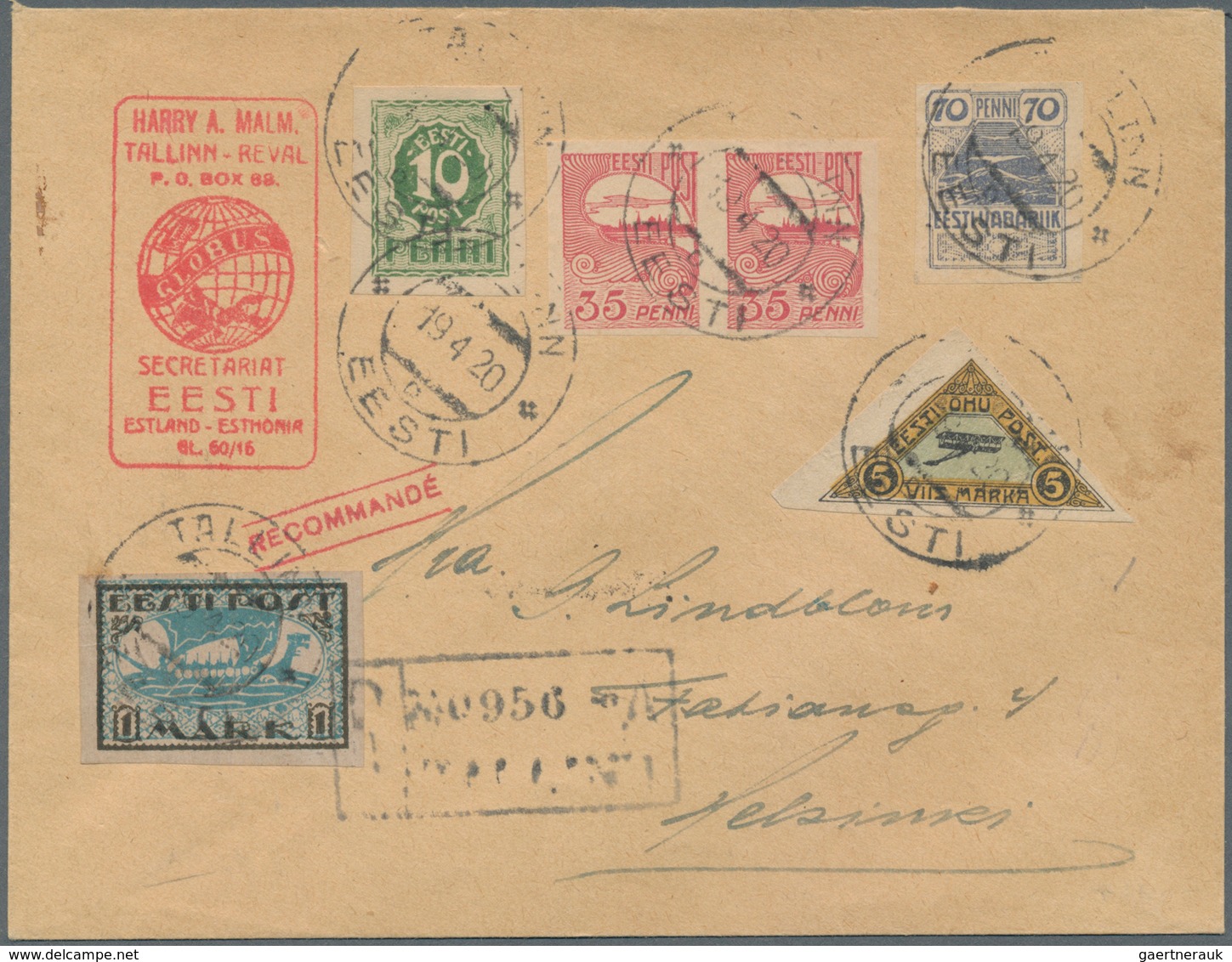 Estland: 1920. "Globus" Registered Letter To Helsinki, Franked 10 P Green (SG 7, Imperf.), 70 P Dull - Estonia