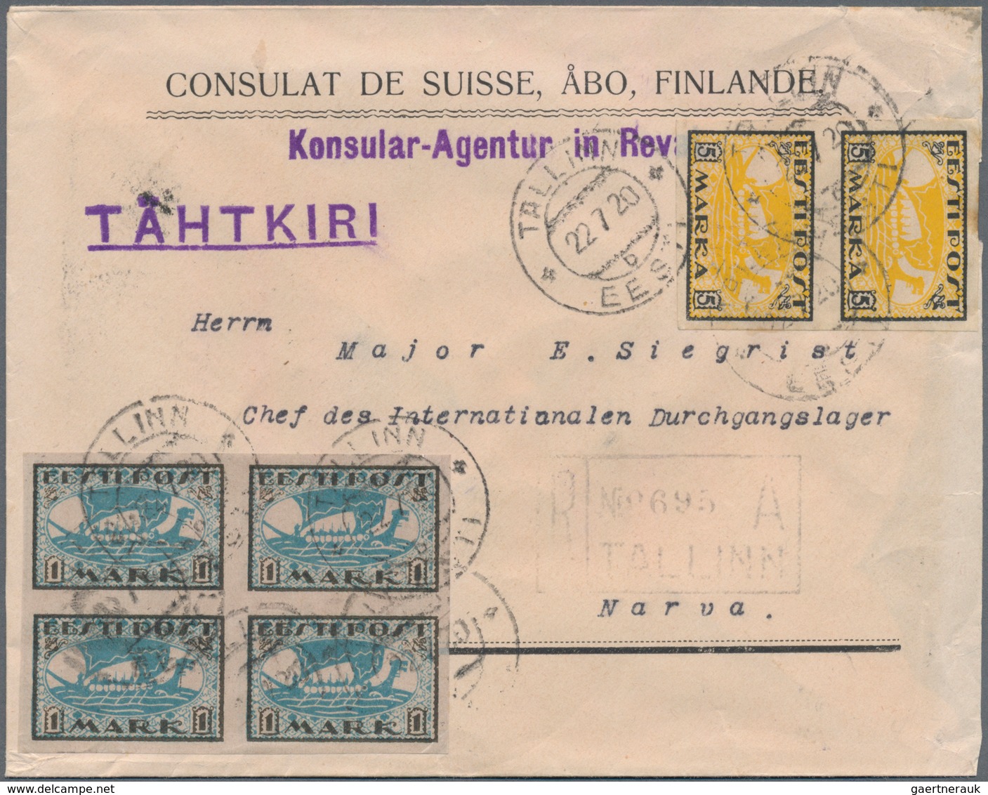 Estland: 1920, Registered Letter Imprinted "CONSULAT DE SUISSE..." Konsular-Agentur In Reval From TA - Estland