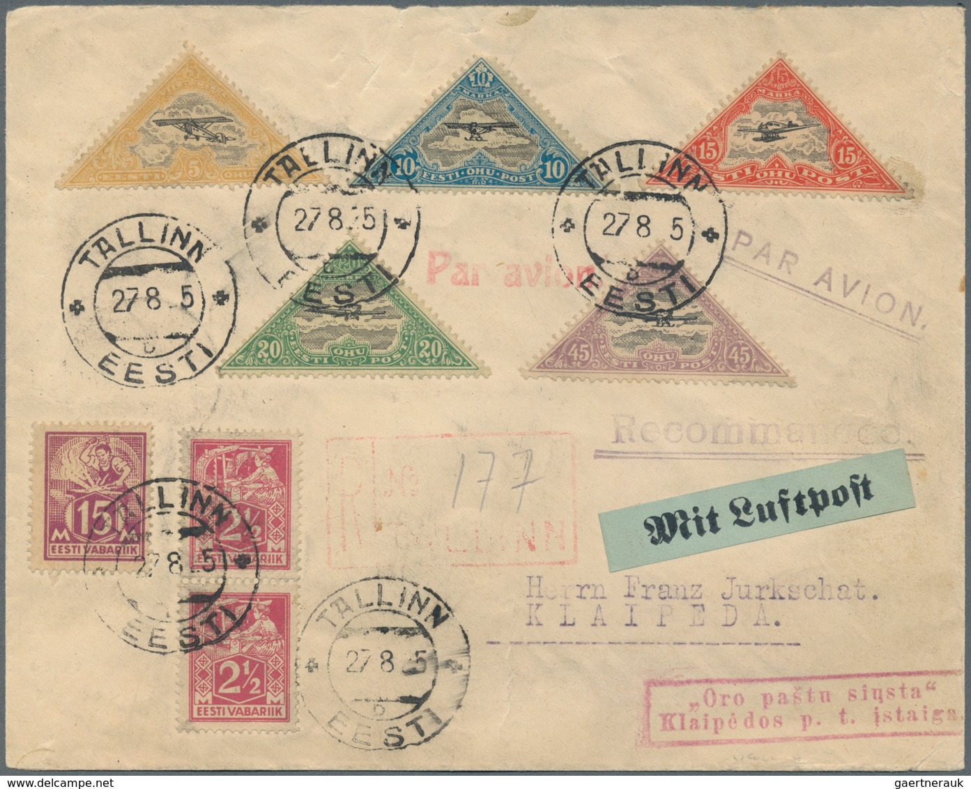 Estland: 1925, Registered Airmail Letter To KLAIPEDA, Bearing Complete Perforated Set Of 1925 Airmai - Estland