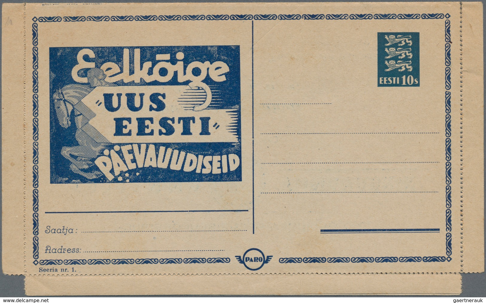 Estland - Ganzsachen: 1937. PARO Advertising Lettercard, Series 1 (bank, Horse), Unused, Faults. - Estland