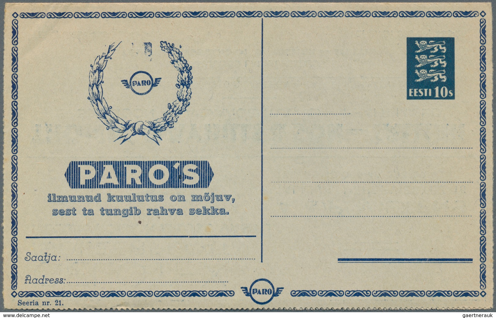 Estland - Ganzsachen: 1937 Unused PARO-lettercard With Advertisement For PARO'S And German Lufthansa - Estonie