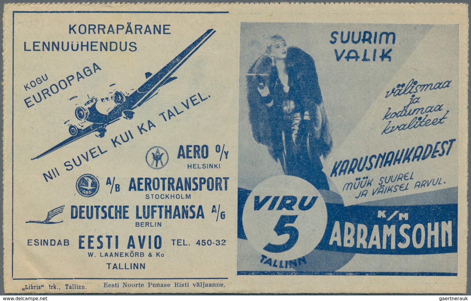 Estland - Ganzsachen: 1937 Unused PARO-lettercard With Advertisement For PARO'S And German Lufthansa - Estland