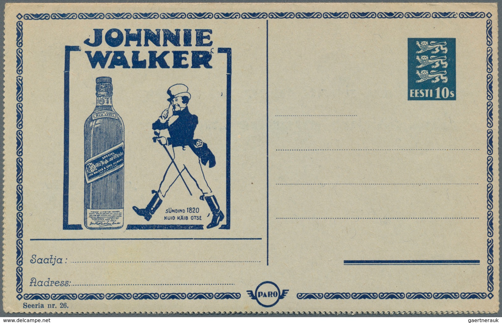 Estland - Ganzsachen: 1937 Unused PARO-lettercard With Advertisement For Whisky Johnnie Walker And A - Estland