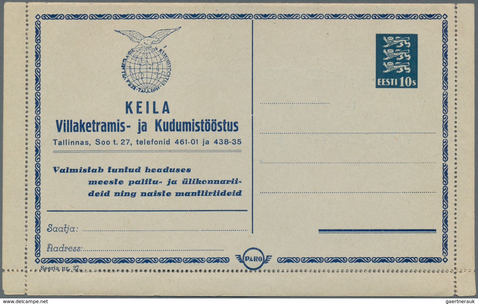 Estland - Ganzsachen: 1937 Unused PARO-lettercard With Advertisement For Movie Made In KEILA And AEG - Estland