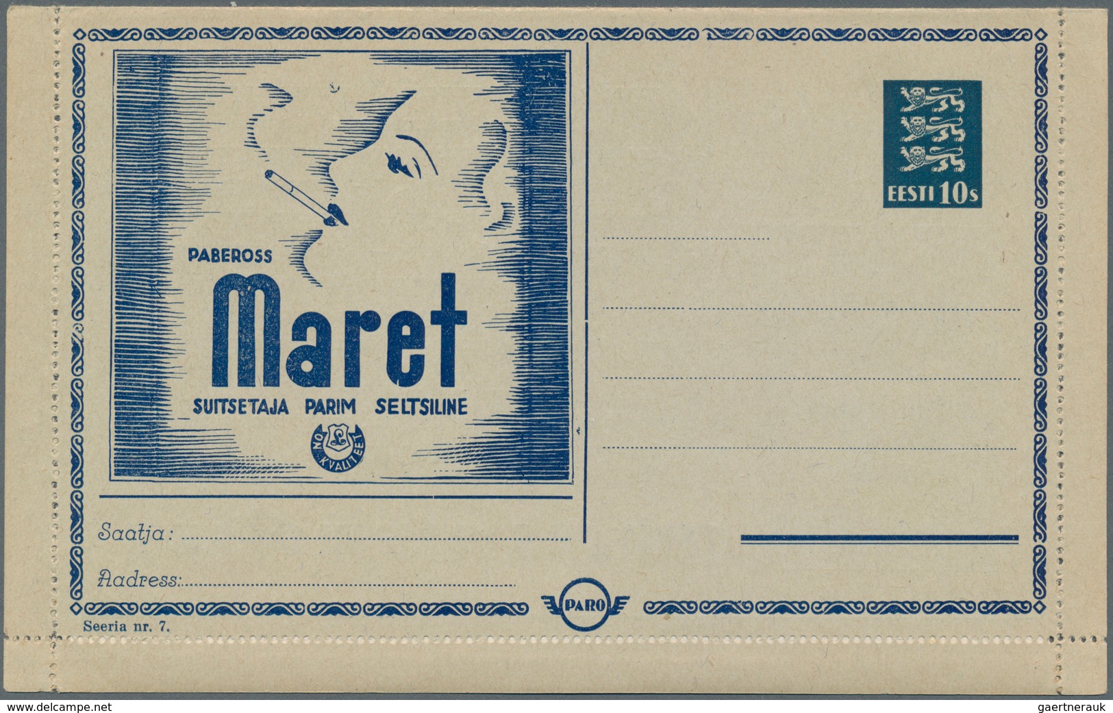 Estland - Ganzsachen: 1937 Unused PARO-card Letter With Advertisement For Cigarettes And Lottery (ba - Estland