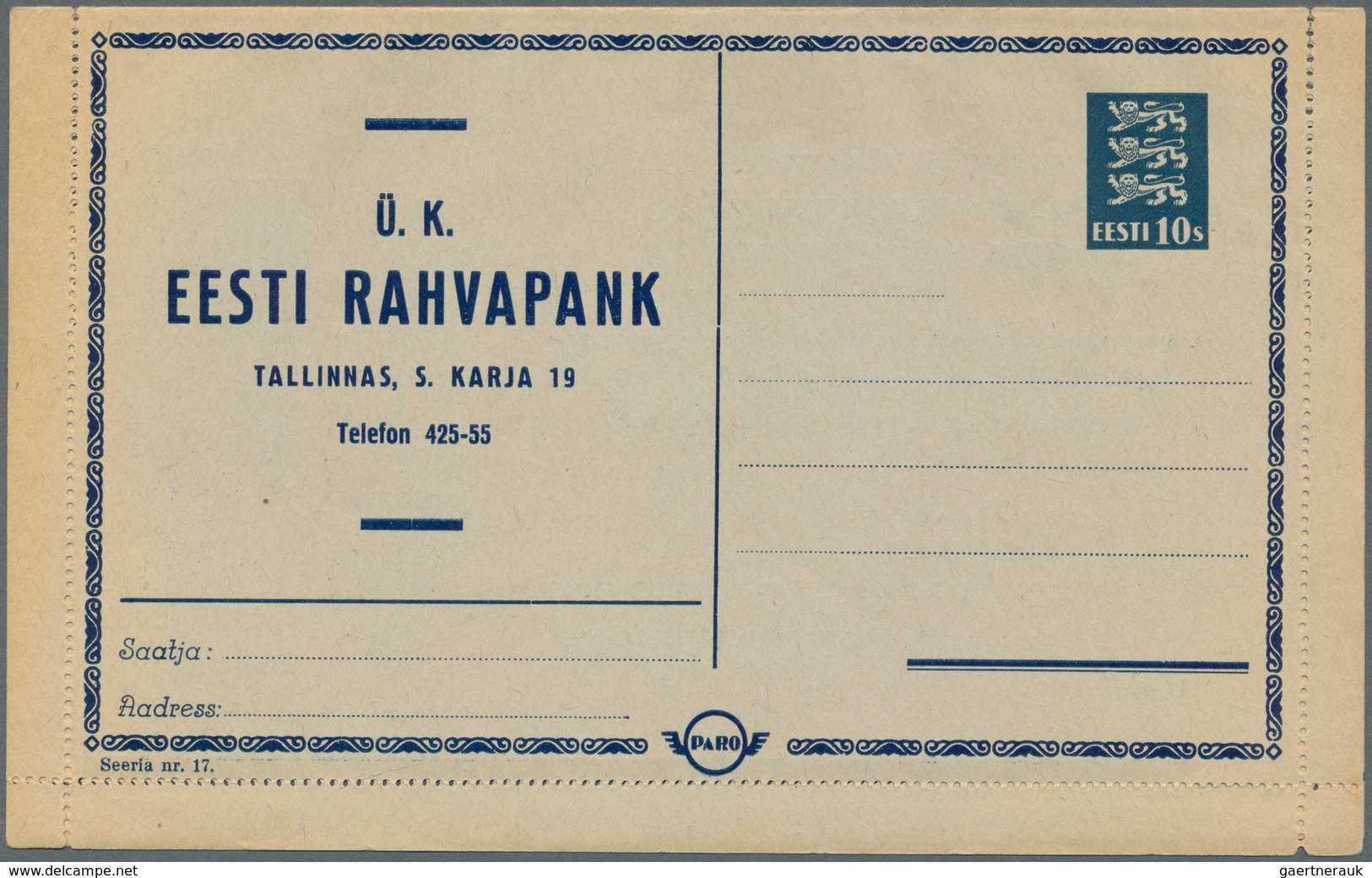 Estland - Ganzsachen: 1937, Letter Card 10s. Blue With Private Advertisements And Imprint 'seeria Nr - Estonie