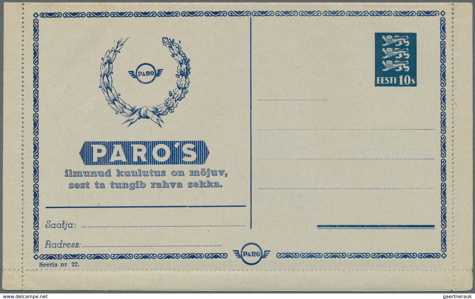 Estland - Ganzsachen: 1937, 10 S Coats Of Arms, Advertising Card Letter "PARO", Series No. 13 And 22 - Estland