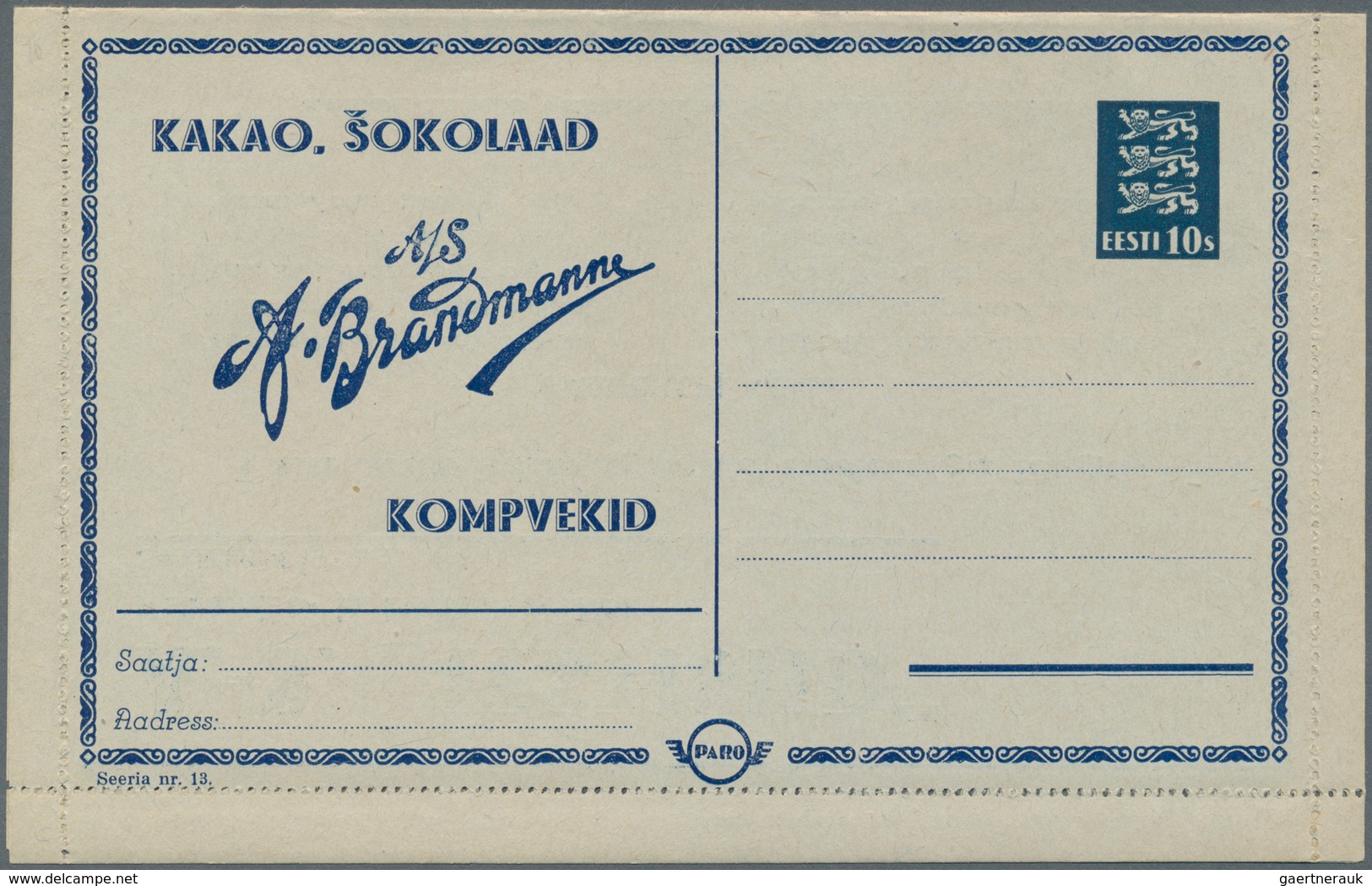 Estland - Ganzsachen: 1937, 10 S Coats Of Arms, Advertising Card Letter "PARO", Series No. 13 And 22 - Estland