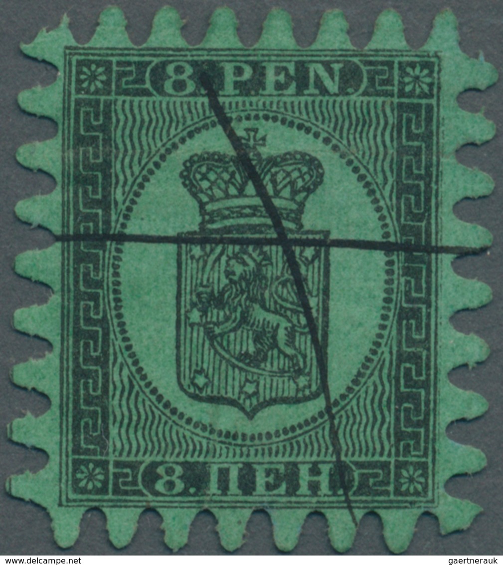 Finnland: 1866, Wappen 8 P Schwarz Auf Grün Mit PERFEKTEM Zungen-Durchstich C Und Federzug. - Lettres & Documents